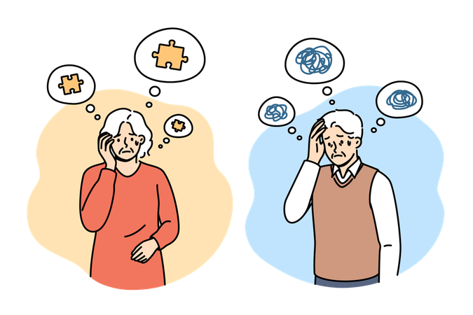 Problem of alzheimer and dementia in older people who experience memory loss or chaos in heads  Illustration