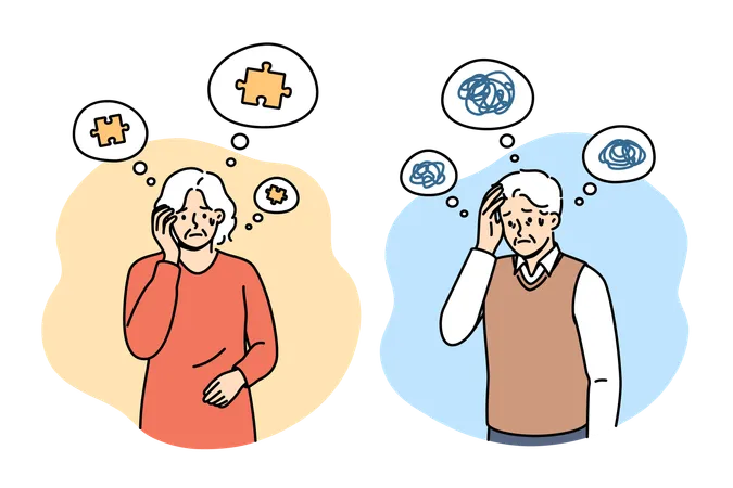 Problem Of Alzheimer And Dementia In Older People Who Experience Memory Loss Or Chaos In Heads Old Men And Women Need Care Due To Alzheimer Disease Caused By Age Related Diseases Illustration