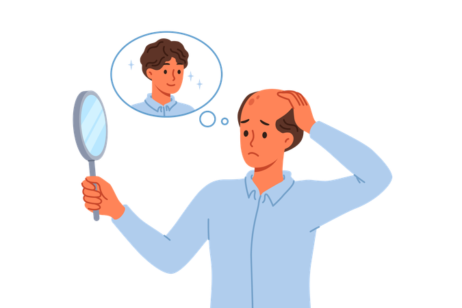 Problem of baldness in man looking in mirror and remembering presence of beautiful hair  Illustration