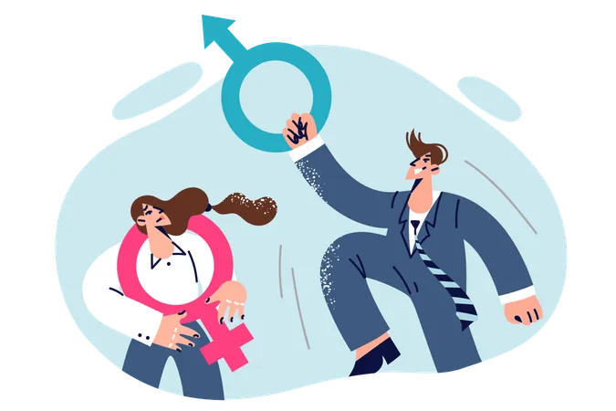 Problem Of Gender Inequality Causes Discomfort In Woman Looking At Man Career Success Concept Of Feminism And Struggle Of Girls Against Gender Discrimination In Employment And Promotion Illustration