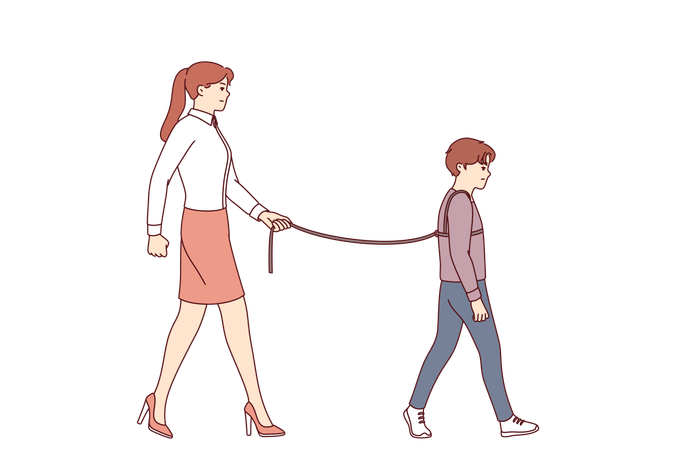 Problem of hyperprotection and lack of freedom for child due to mother tying son during walk  Illustration