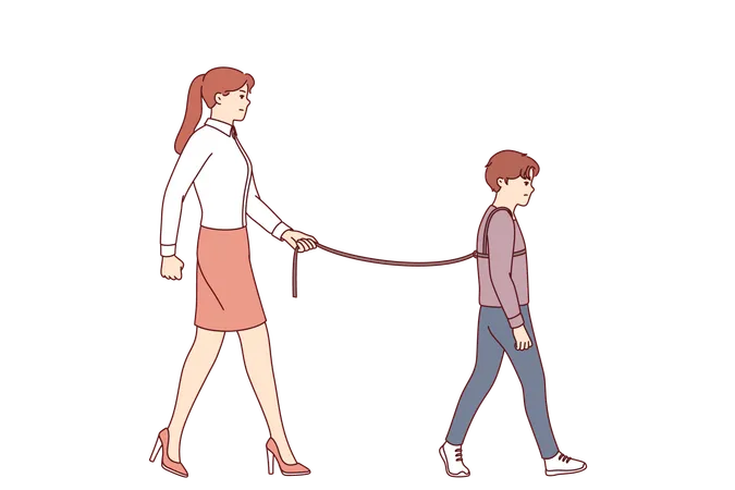 Problem of hyperprotection and lack of freedom for child due to mother tying son during walk  Illustration