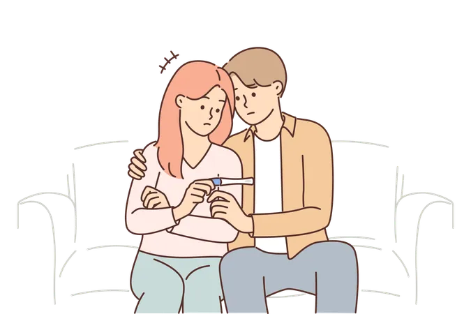 Problem Of Infertility In Man And Woman Sitting On Couch With Negative Pregnancy Test In Hands Young Family Is Stressed Due To Infertility Disease Caused By Bad Environmental Situation Illustration