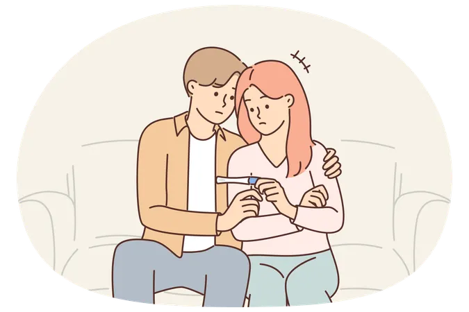 Problem of infertility in man and woman sitting on couch with negative pregnancy test in hands  Illustration