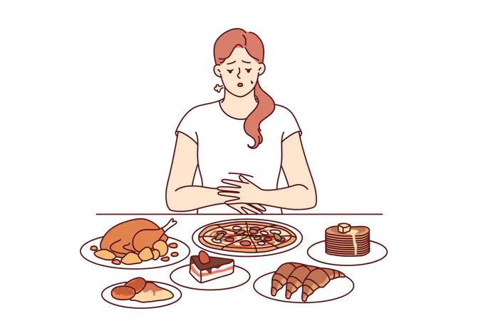 Problem Of Overeating In Woman Sitting At Table With Fast Food And In Need Of Balanced Diet Girl Feels Heaviness In Stomach Due To Regular Overeating Which Causes Deterioration Of Immune System Illustration