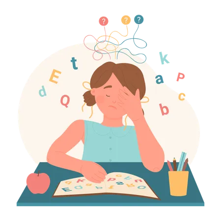 Cartoon Dyslexic Girl Sitting At Desk With Cloud Of Letters And Book To Read And Solve Chaos Puzzle Of Words Dyslexia Disability Disorder Problem Of Reading And Understanding Vector Illustration Illustration