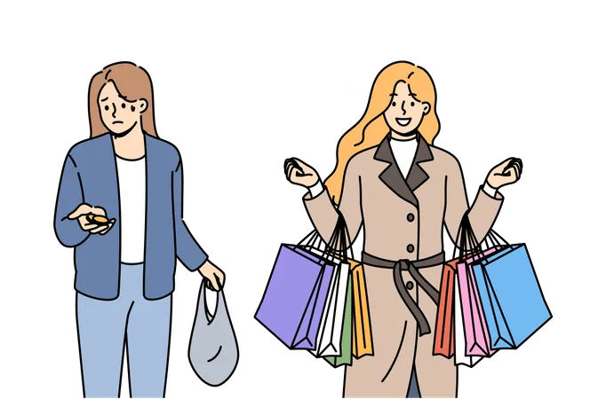 Problem of social inequality between rich woman with bags from supermarket and poor girl with coins  Illustration