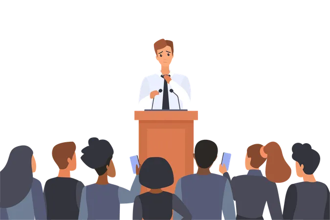 Problem Of Speakers Fear And Anxiety Of Public Speech And Events Vector Illustration Cartoon Young Nervous Shy Man Lecturer Standing Behind Podium With Microphones To Speak In Front Of Audience Illustration