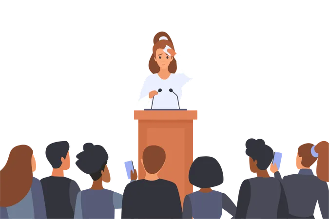Problem Of Speakers Fear And Anxiety Of Public Speech And Events Vector Illustration Cartoon Young Nervous Shy Woman Lecturer Standing Behind Podium With Microphones To Speak In Front Of Audience Illustration