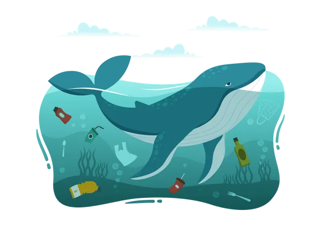 Problemas com baleias na poluição plástica nos oceanos  Ilustração