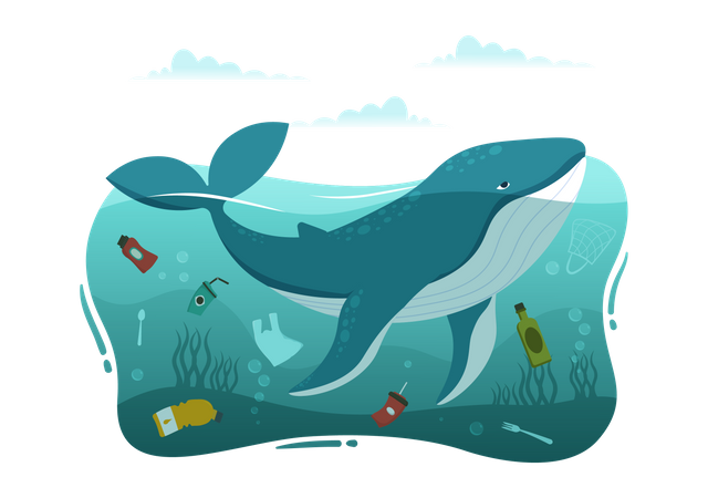 Problemas de ballenas en la contaminación plástica del océano  Ilustración