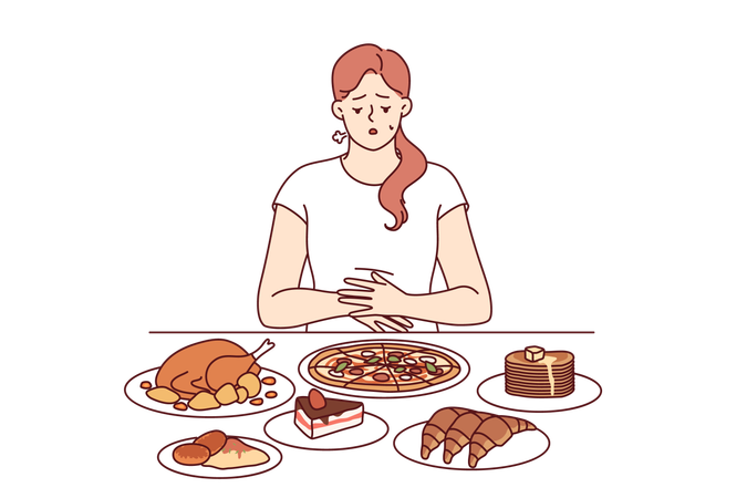 Problema de comer demais em mulher sentada à mesa com fast food e necessitando de alimentação balanceada  Illustration