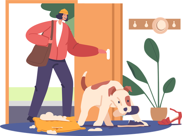 Problema de comportamento angustiante, ansiedade de separação de cães, onde os cães apresentam estresse extremo  Ilustração