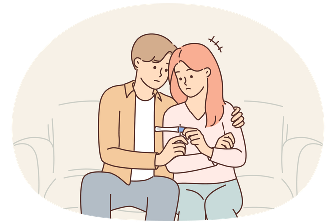 Problema de infertilidade em homem e mulher sentados no sofá com teste de gravidez negativo nas mãos  Illustration