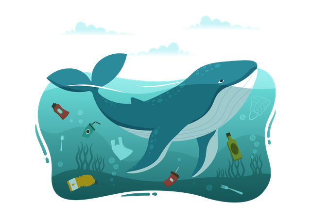 Problemas com baleias na poluição plástica nos oceanos  Ilustração