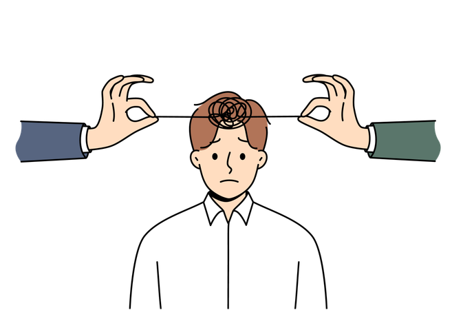 Probleme mit der psychischen Gesundheit bei Mann mit verhedderten Fäden auf Kopf und Händen von Freunden  Illustration