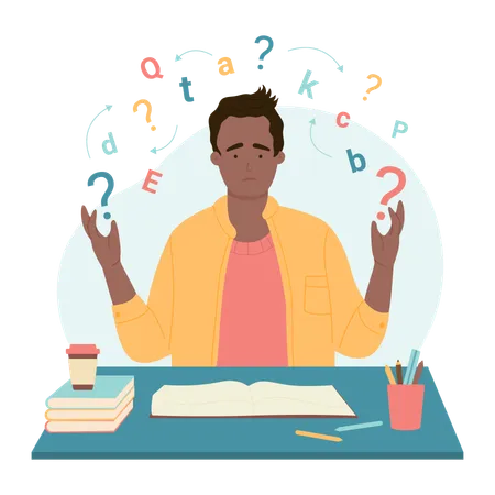 Problems In Learning And Literacy Dysgraphia And Dyslexia Disability Vector Illustration Cartoon Dyslexic Confused Student Sitting At Desk With Cloud Of Letters Frustrated Boy Asking Question 일러스트레이션