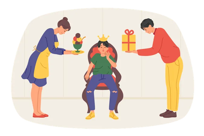 Problems In Raising Spoiled Boy Parents Trying To Please Beloved Son With Gifts And Sweets Yawning Teenager With Bad Upbringing And Crown On Head Not Paying Attention To Parents Illustration