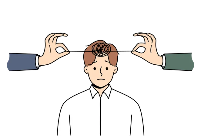 Problems with psychological health in man with tangled threads on head and hands of friends  Illustration