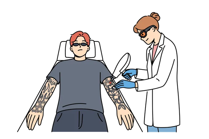Procedimiento para la eliminación de tatuajes con láser de brazos masculinos con una doctora profesional  Ilustración