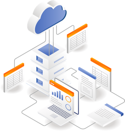 Red de bases de datos de documentos del proceso de análisis del servidor en la nube  Ilustración