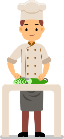 Proceso de cocción: chef cortando verduras en la mesa para cocinar  Ilustración