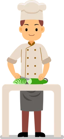 Proceso de cocción: chef cortando verduras en la mesa para cocinar  Ilustración