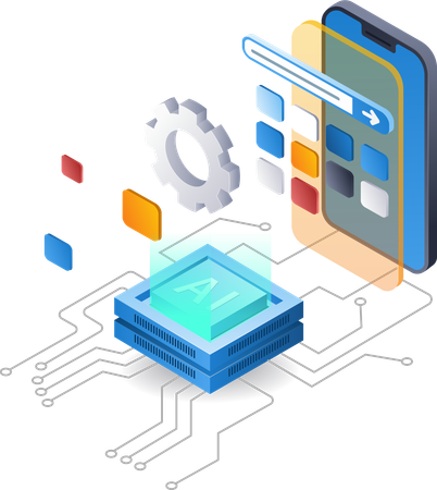 Proceso de creación de una aplicación para smartphone con inteligencia artificial.  Ilustración