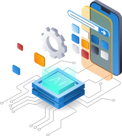 Proceso de creación de una aplicación para smartphone con inteligencia artificial.  Ilustración