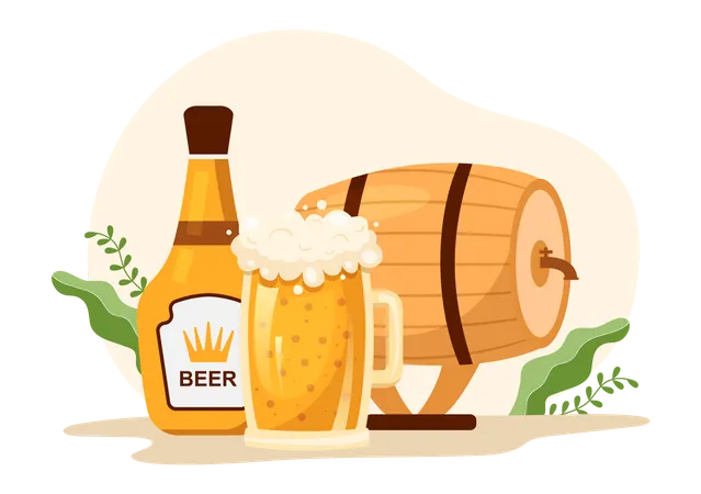 Proceso De Produccion De Cerveceria Con Tanque De Cerveza Y Botella Llena De Bebida Alcoholica Para Fermentacion En Plantillas Dibujadas A Mano De Dibujos Animados Planos Ilustracion Ilustración