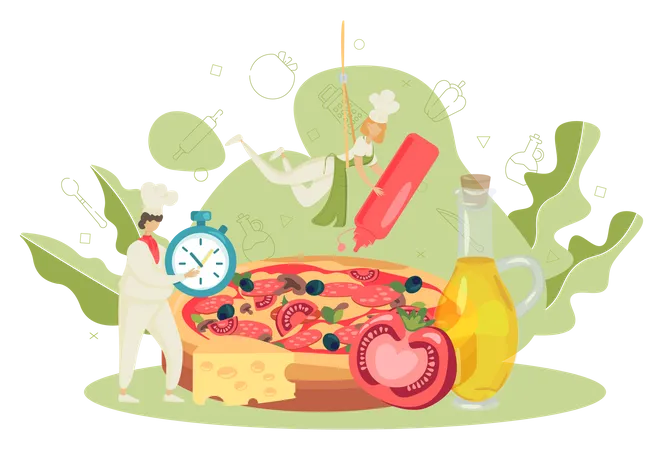 Concepto De Pizzeria Chef Cocinando Deliciosa Pizza Comida Italiana Salami Y Queso Mozarella Rodaja De Tomate Ilustracion De Vector Aislado En Estilo De Dibujos Animados Ilustración