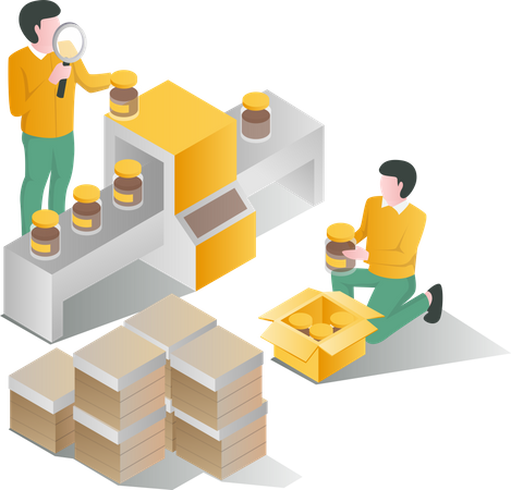 Proceso de envasado de productos de miel y control de calidad.  Ilustración