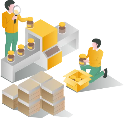 Proceso de envasado de productos de miel y control de calidad.  Ilustración