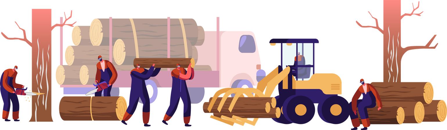 Proceso de fabricación de troncos de madera.  Ilustración