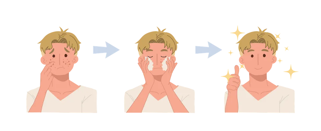 Proceso de limpieza facial para un rostro limpio.  Ilustración