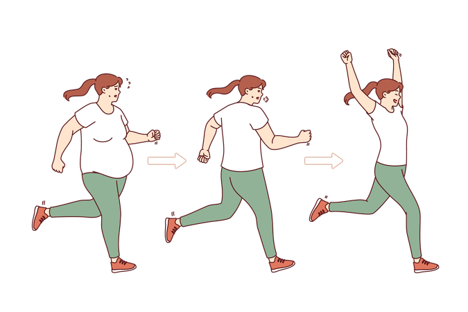 Proceso de adelgazamiento de mujer gorda corriendo y consiguiendo una bella figura esbelta gracias al entrenamiento  Ilustración