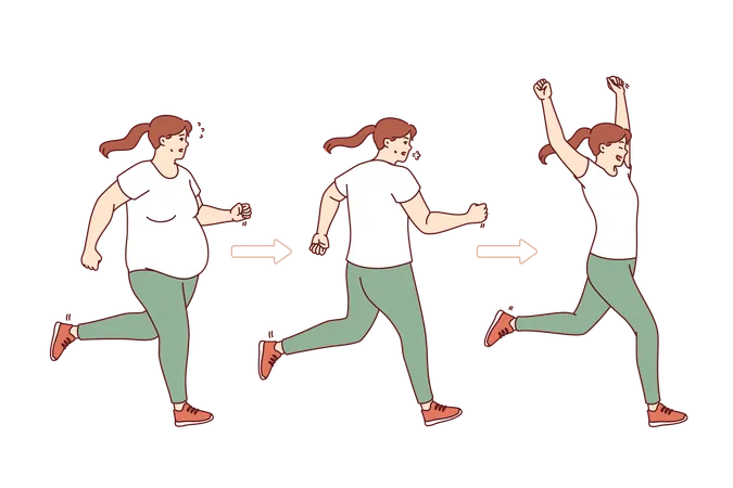 Proceso de adelgazamiento de mujer gorda corriendo y consiguiendo una bella figura esbelta gracias al entrenamiento  Ilustración