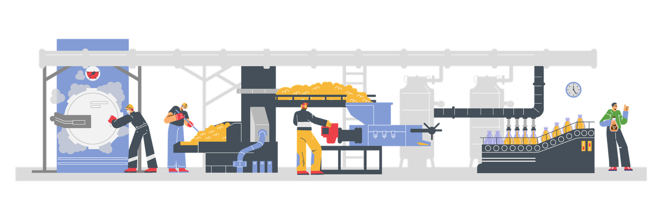 Proceso de producción de aceite de palma en fábrica.  Ilustración
