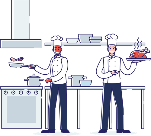 Proceso de trabajo, servicio y personal del restaurante.  Ilustración