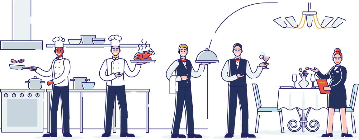 Proceso de trabajo y personal del restaurante  Ilustración