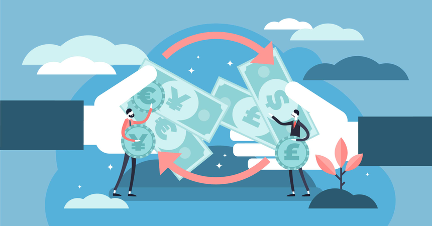 Proceso económico para operar con euro, dólar, libra o yen  Ilustración