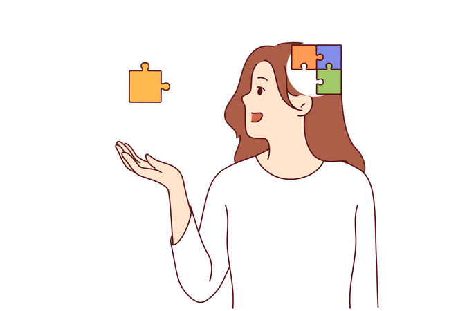 Process of self-discovery in girl with puzzle in head and hands and exploring own thoughts and behavior  Illustration