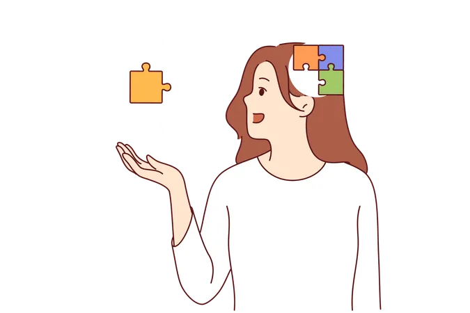 Process of self-discovery in girl with puzzle in head and hands and exploring own thoughts and behavior  Illustration