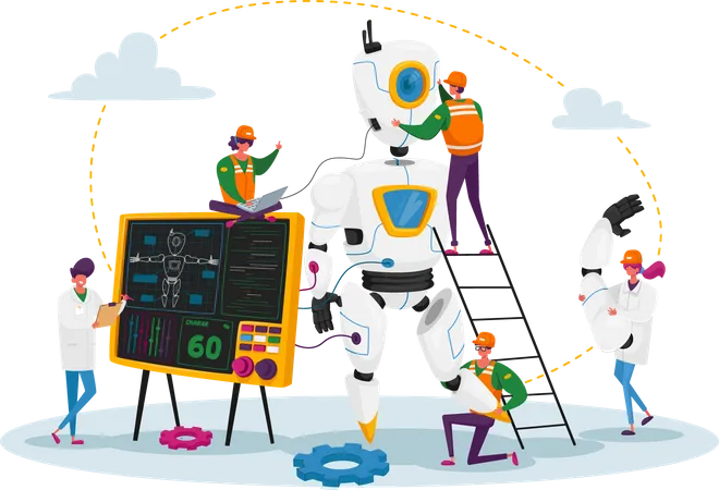 Personagens De Engenheiros Fazem E Programam Robo Engenharia De Hardware E Software Robotica Em Laboratorio Com Equipamentos De Alta Tecnologia Tecnologia De Inteligencia Artificial Ilustra O Vetorial De Pessoas Dos Desenhos Animados Ilustração
