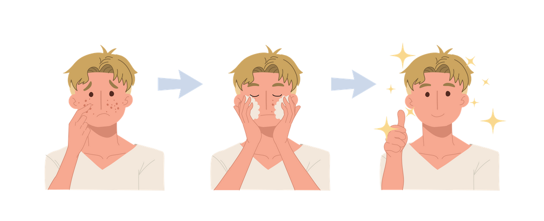 Processo de limpeza facial para rosto limpo  Ilustração
