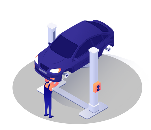 Processo de montagem de pneus em serviços de reparo automotivo  Ilustração