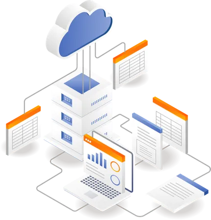 Réseau de base de données de documents de processus d'analyse de serveur cloud  Illustration