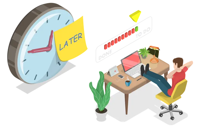 3 D Isometric Flat Vector Conceptual Illustration Of Procrastination At Work Man Is Relaxing At His Workplace And Delaying Tasks Until The Last Minute イラスト
