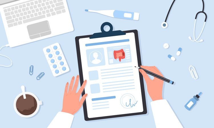 Proctologist writing results of examine intestine  Illustration