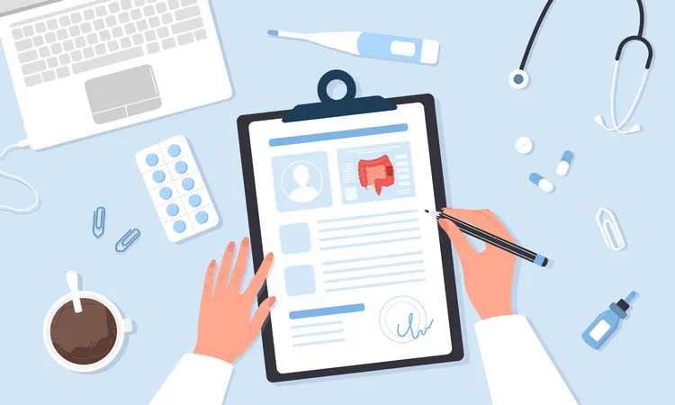 Proctologist writing results of examine intestine  Illustration